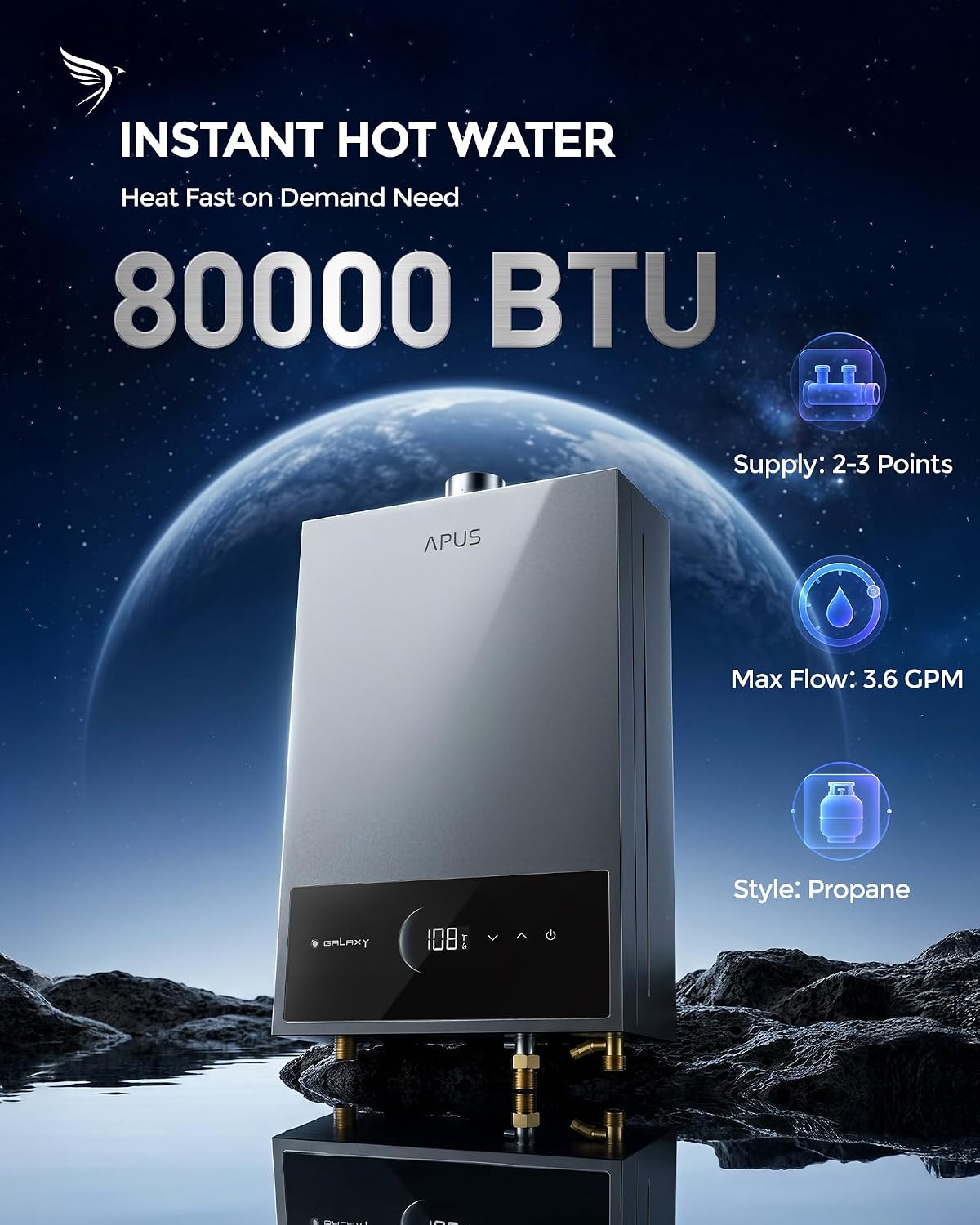 Tankless Water Heater Propane Gas, Up to 3.6 GPM, Indoor Hot Water Heater, 80,000 BTU on Demand Instant Hot Water