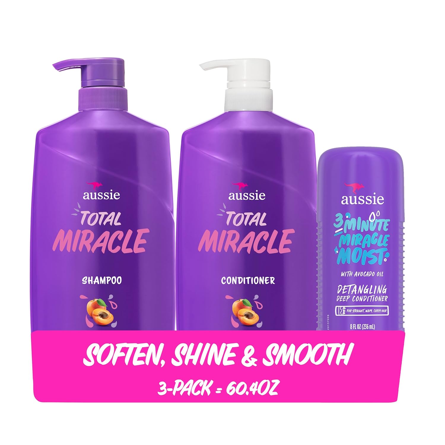 Total Miracle Hair Care Bundle: Shampoo, Conditioner, and 3 Minute Deep Treatment with Apricot & Macadamia Oil
