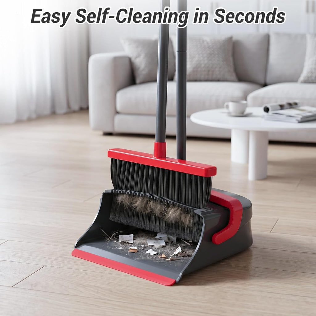 Broom with Dustpan Combo Set, Long Handle Upright Standing Self-Cleaning Broom and Dustpan Set for Pet Hair & Dust