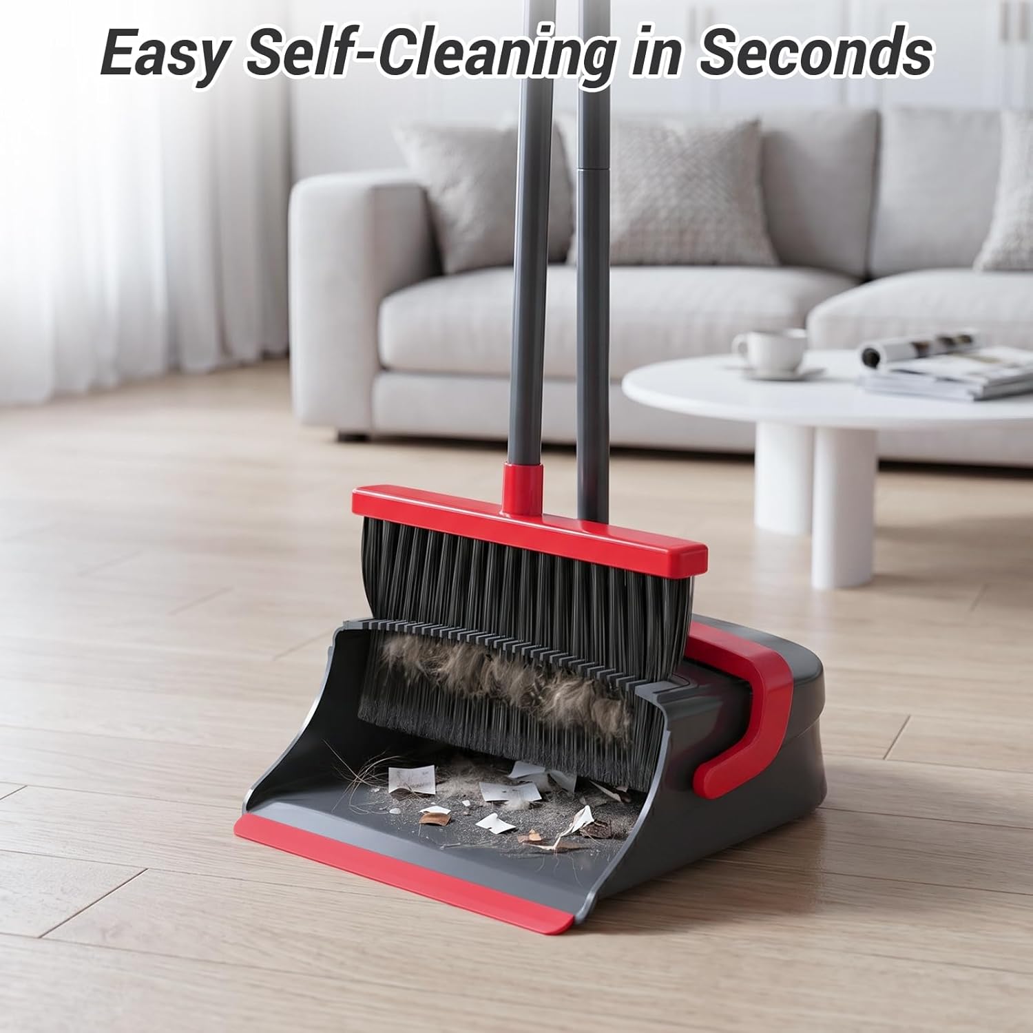 Broom with Dustpan Combo Set, Long Handle Upright Standing Self-Cleaning Broom and Dustpan Set for Pet Hair & Dust