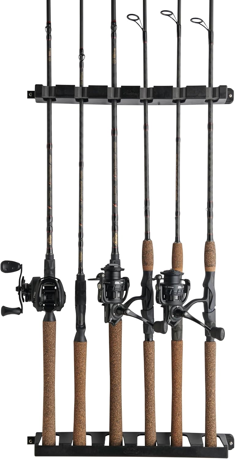 Vertical Fishing Rod Rack, Stores 6 Rods, Black, Soft Foam Grip Pads Protect Rod Finishes, Durable Construction, Easy
