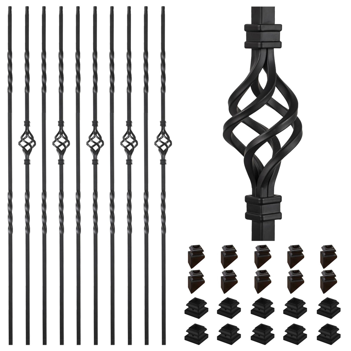 1/2" Square Iron Balusters - Single Basket & Double Twist - 10p