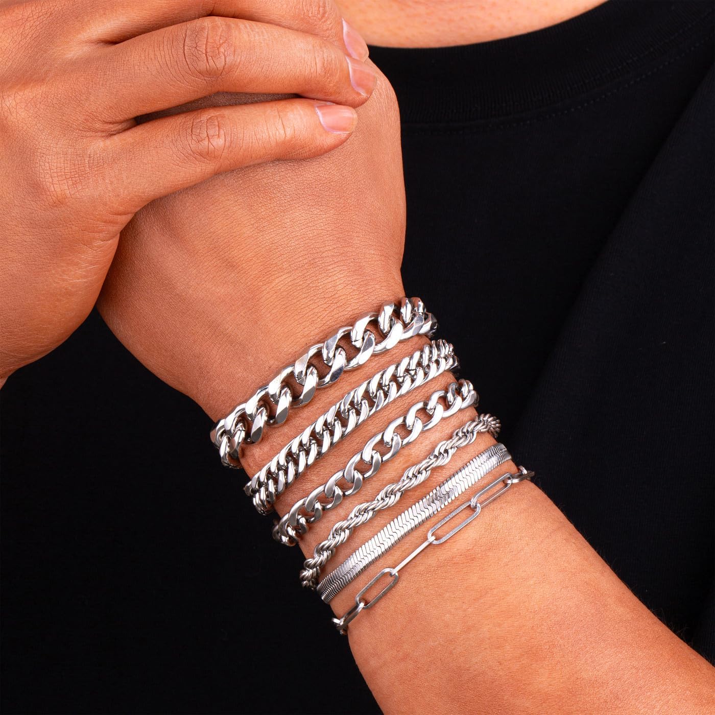 6 Pcs Stainless Steel Bracelets for Men Bracelets for Men Cuban Link Bracelet Rope Paperclip Snake Chain Bracelet Set