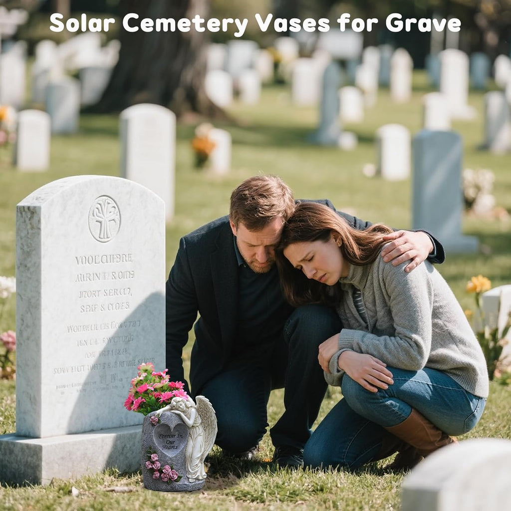 Solar Cemetery Vases for Grave, Resin Angel Headstones Vases with Spikes for Fresh Artificial Flowers, Grave Markers