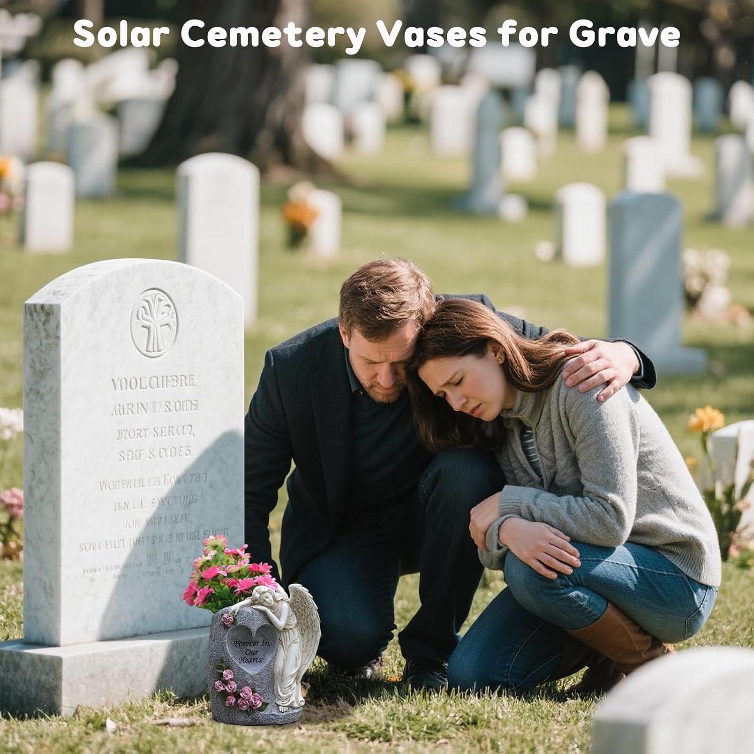 Solar Cemetery Vases for Grave, Resin Angel Headstones Vases with Spikes for Fresh Artificial Flowers, Grave Markers