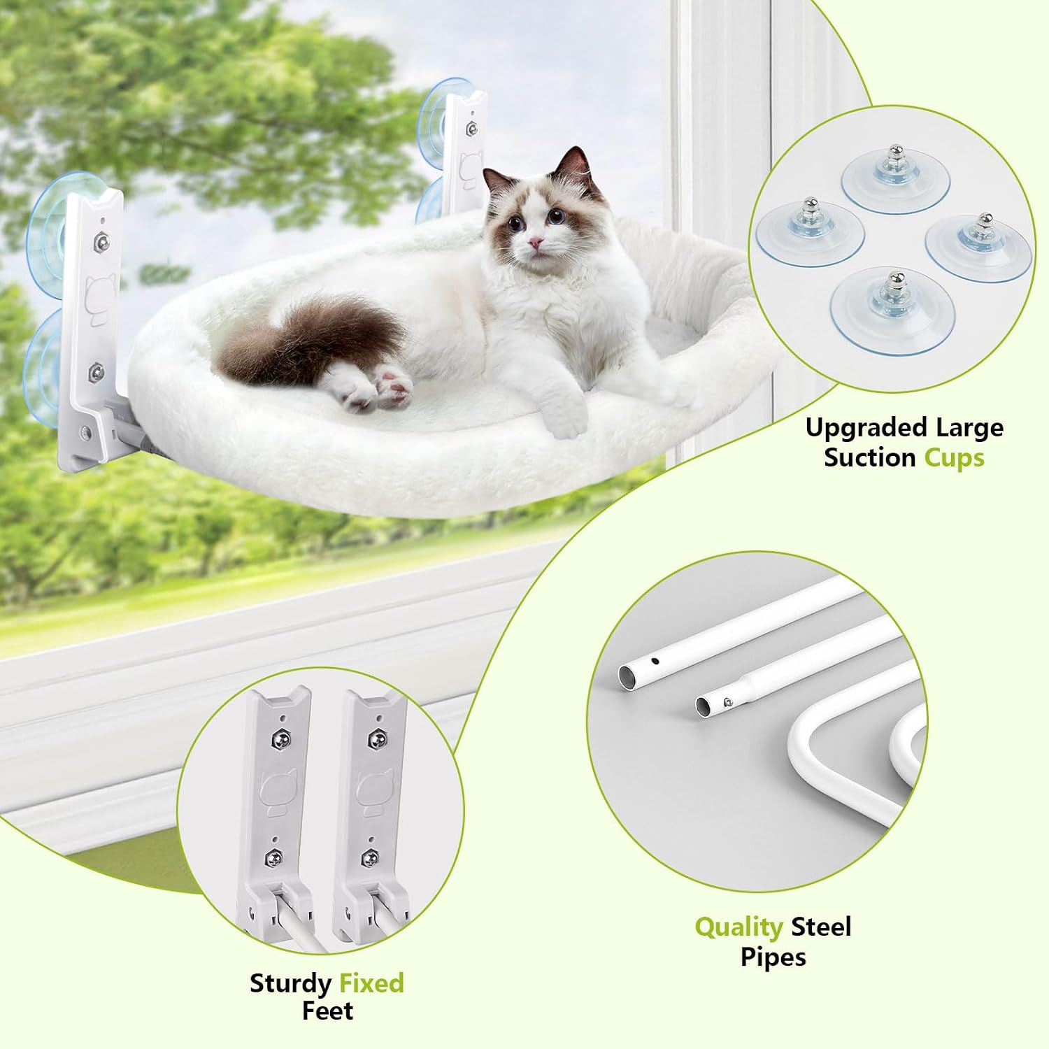 Cat Window Perch, Cordless Cat Hammock, Foldable Cats Window Bed for Large Cats with 4 Strong Suction Cups, Solid