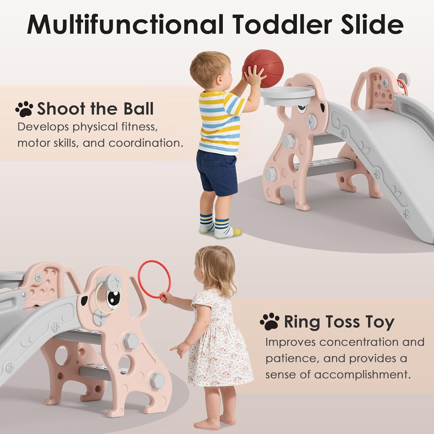 Toddler Slide, 4 in 1 Kids Slide for Indoor Outdoor, Slide with Basketball Hoop & Ring Toss, Puppy Shaped Playset for