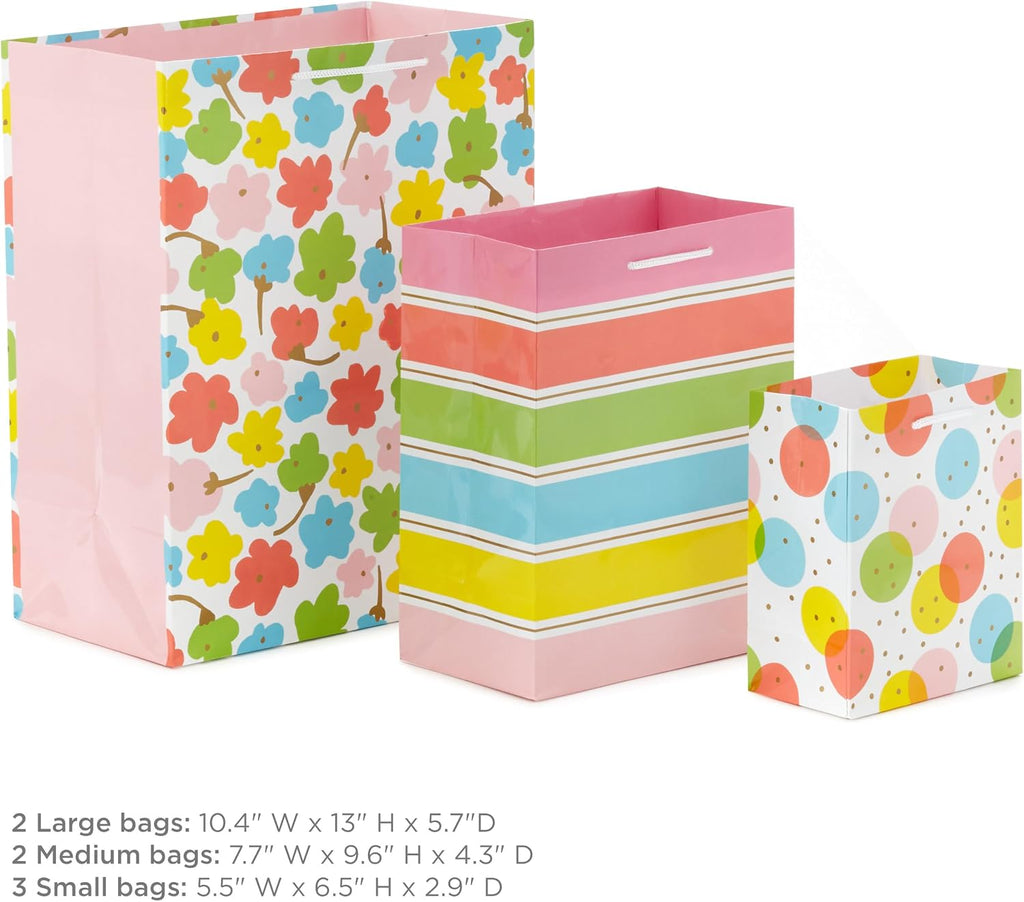 Gift Bags, 8-Pack, 3 Sizes (Polka Dots, Rainbow Stripes, Flowers)