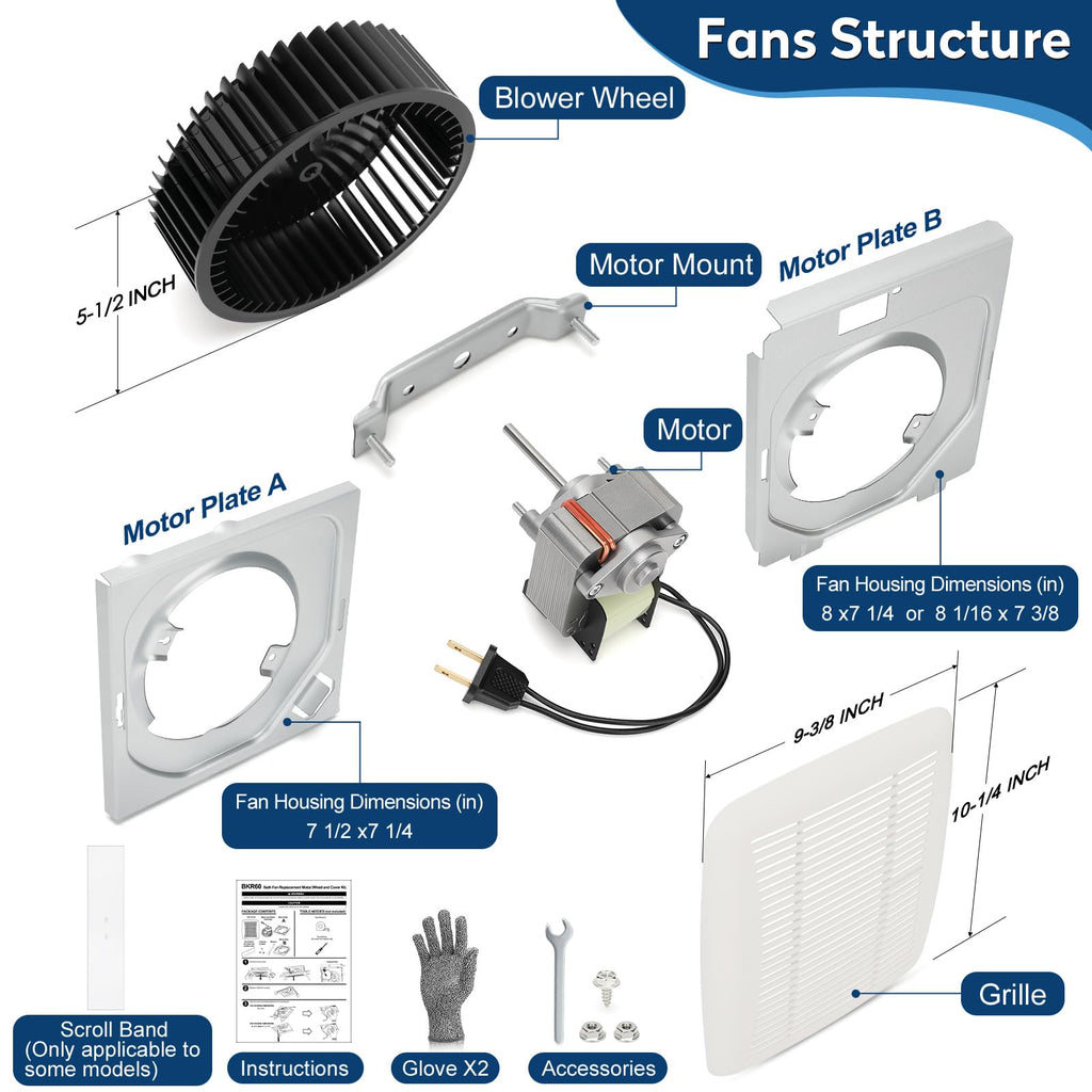 BKR60 Bathroom Exhaust Fan Motor and Grille Cover Kit Replacement
