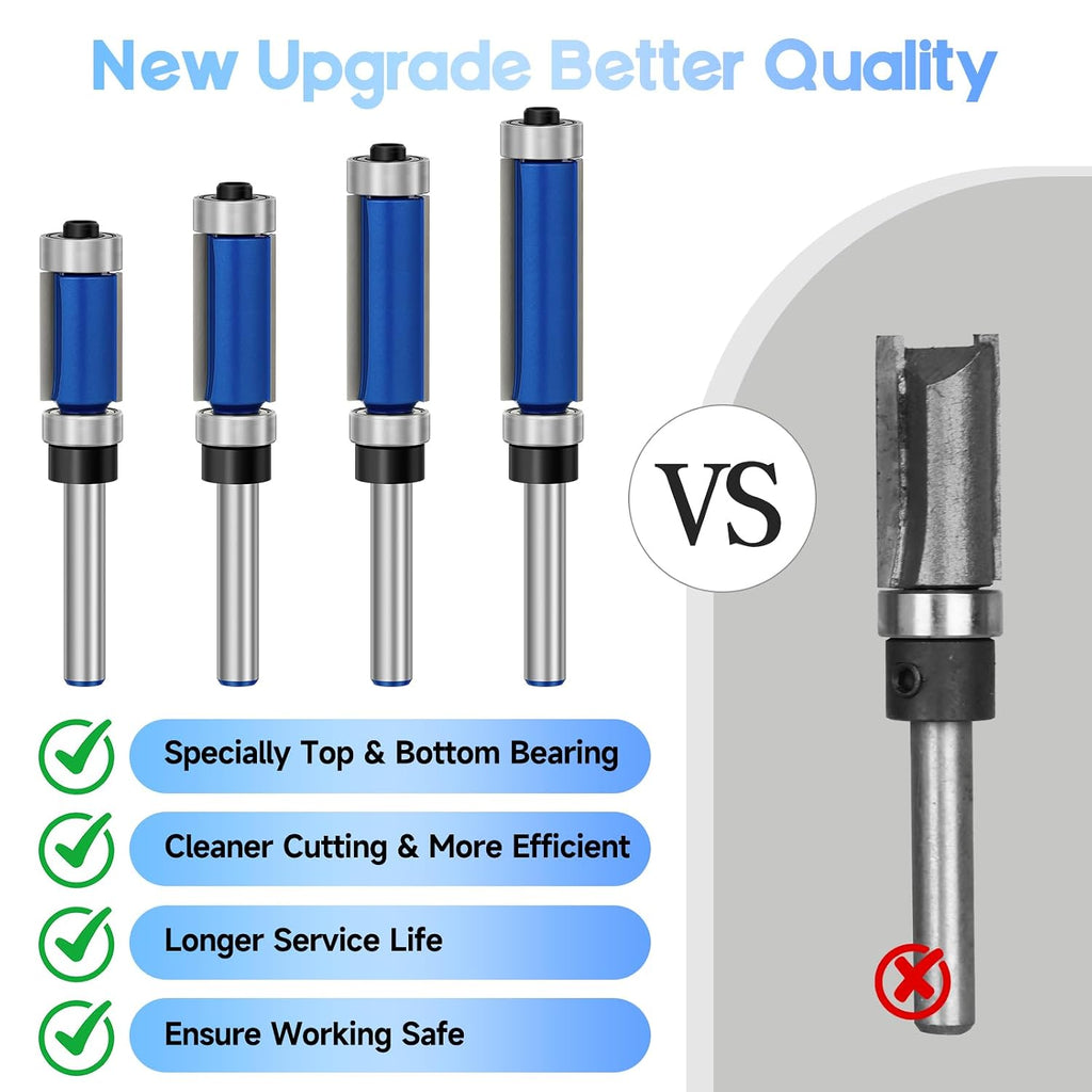 4 Pcs Flush Trim Router Bits 1/4 Inch Shank Top and Bottom Bearing, Carbide Straight Cut Router Bit Set for Trimming