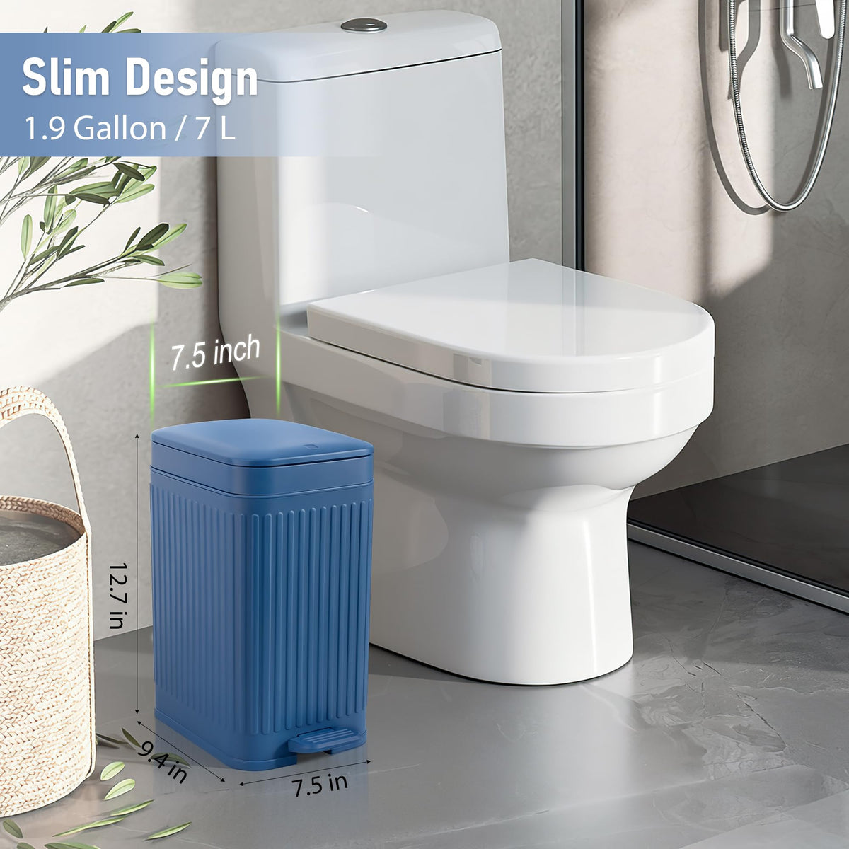 Small Bathroom Trash Can with Lid, 1.9 Gallon Slim Soft Close Step, Navy