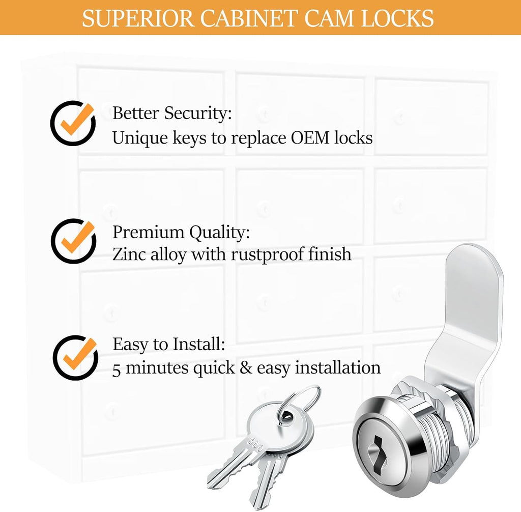 5/8 Cam Locks - 5/8 Diameter Cam Lock Keyed Alike Cabinet Locks Secure Files Drawers Mailbox RV Cylinder Replacement