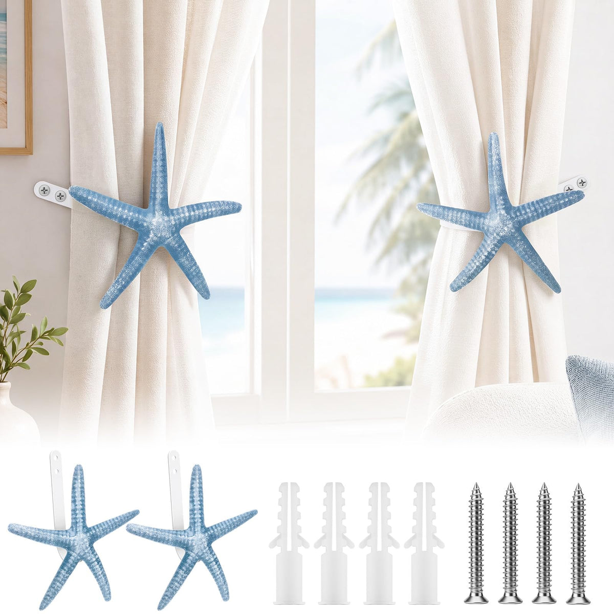 2 Pcs Natural Starfish Curtain Tiebacks Coastal Curtain Holdbacks