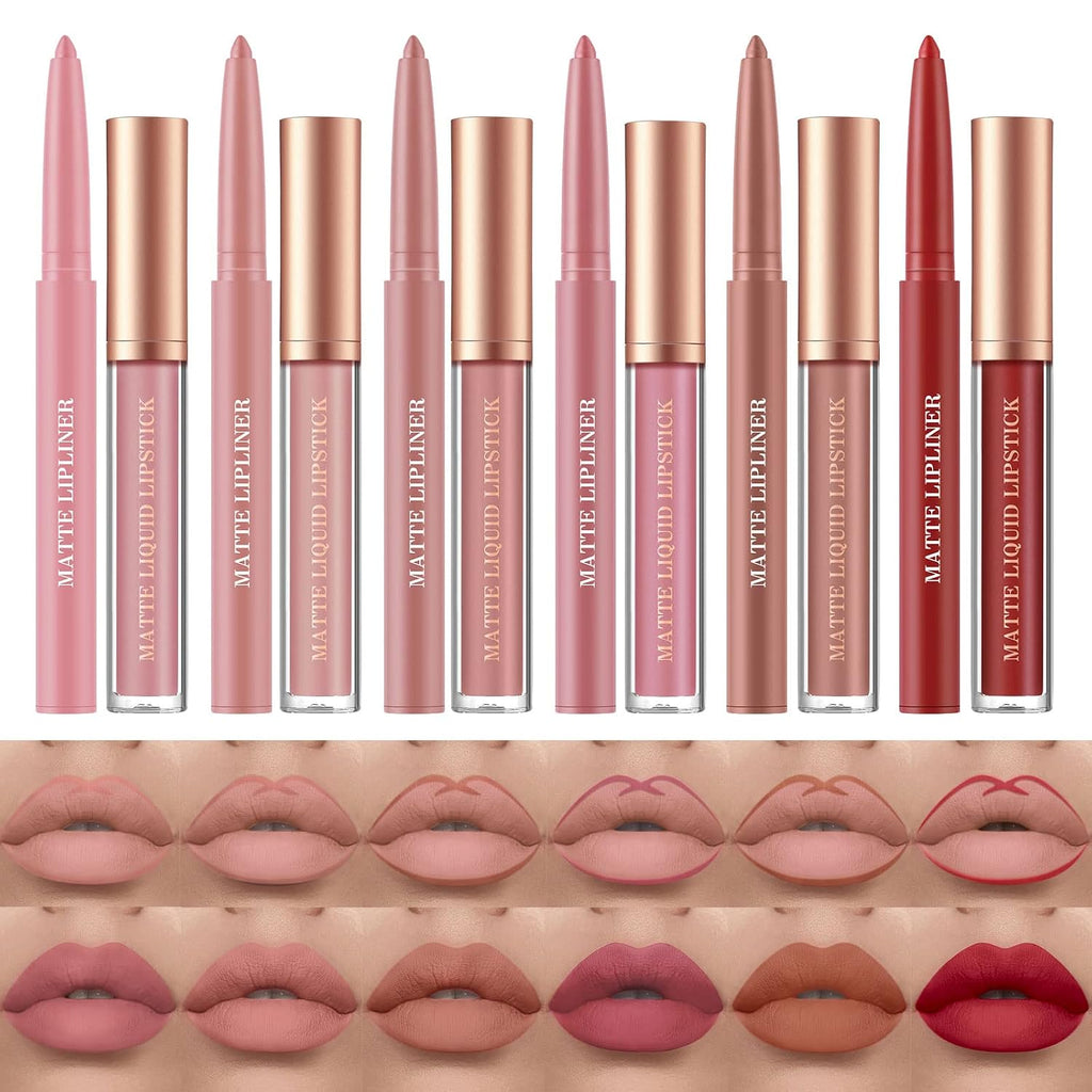 12Pcs Matte Liquid Lipstick + Lip Liner Pens Set, One Step Lips Makeup Sets Pigment Velvety Nude Lip Stain Waterproof
