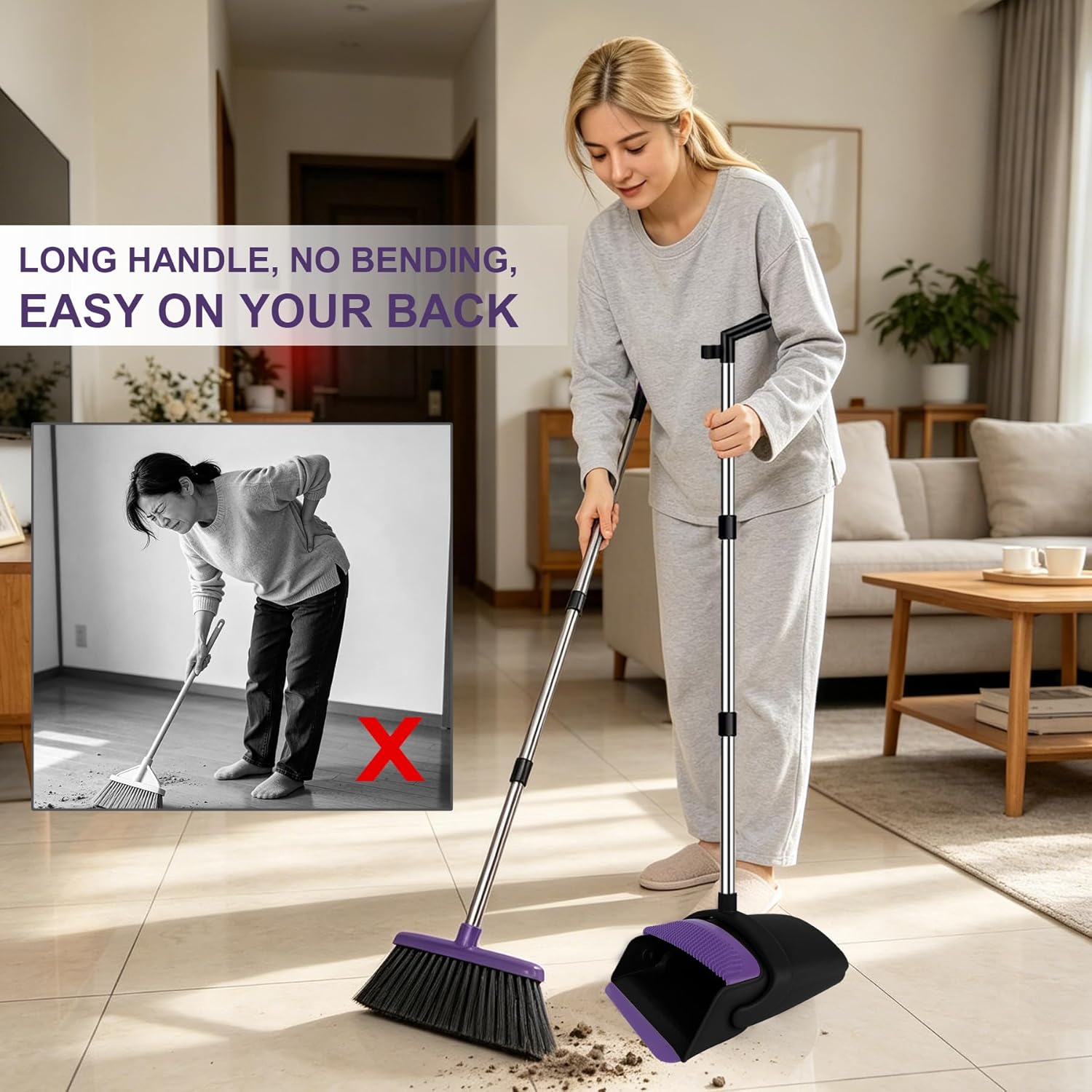 Broom and Dustpan Set, Upright Purple Broom with Dustpan Combo Set 51" Long Handle, Self Cleaning Dust Pan for Home