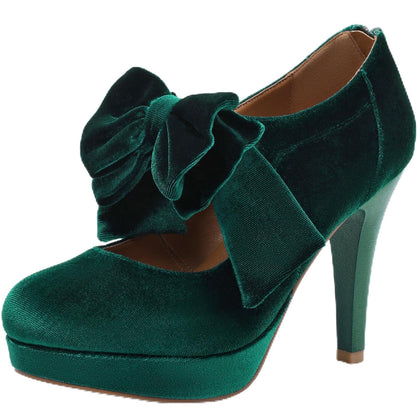 Green High Heels for Women Vintage Small Bowtie Closed Toe Platform Pumps Ladies Mary Jane Shoes Size 9.5
