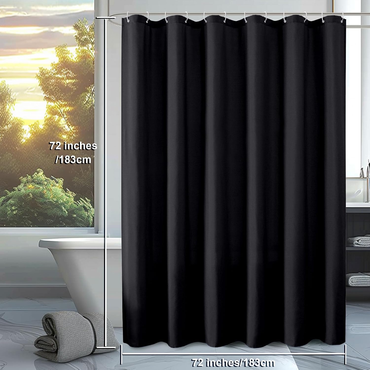 Zora Solid Black Shower Curtain for Bathroom, Fabric Shower Curtain- Soft Cloth & Hotel Spa Quality, Water Repellent