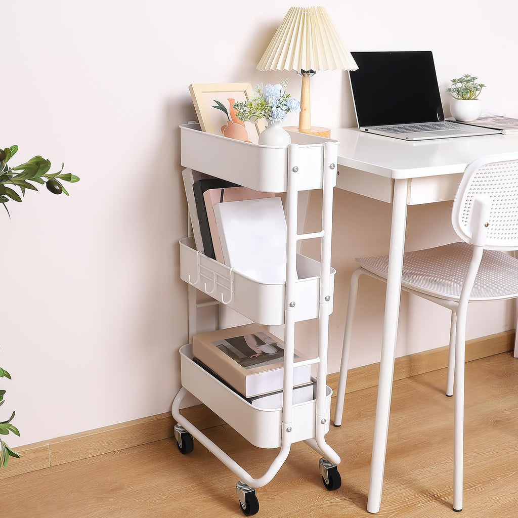 Slim 3-Tier Rolling Utility Cart with Extra Hook, White