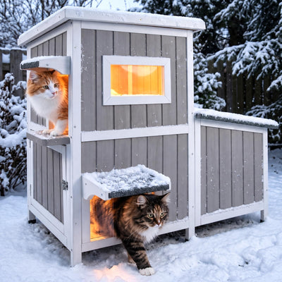 Outdoor Cat House for 2-3 Cats, 2-Story Weatherproof Wooden Cat Shelter with Feeding Station, Openable Asphalt Roof