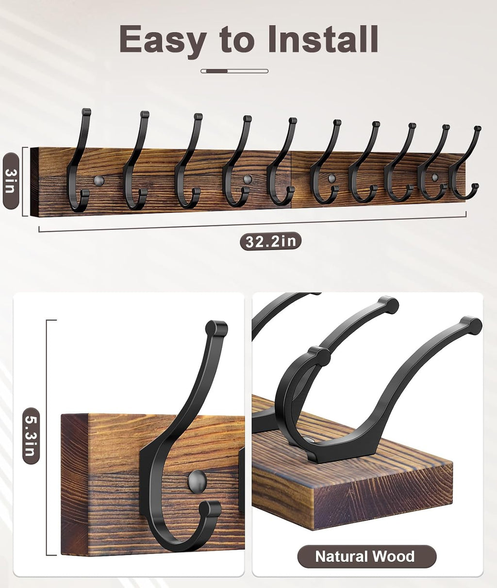 2 Pack Wooden Coat Rack Wall Mount, 16.1" Rustic Coat Hanger Hooks with 10 Double Hooks, Wall Coat Rack for Hat