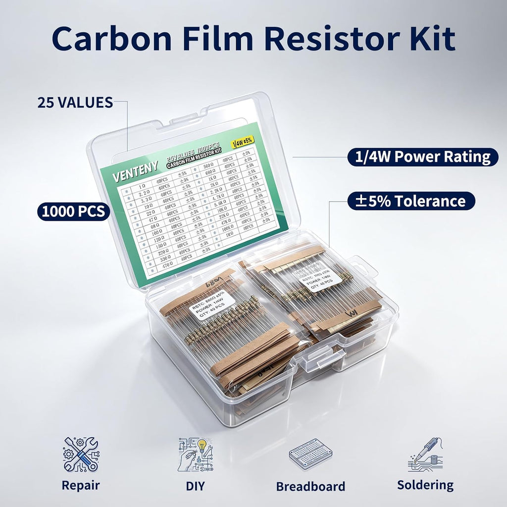 1000PCS Resistor Kit, 25 Values 1 Ohm-1M Ohm, 1/4W 5% Carbon Film