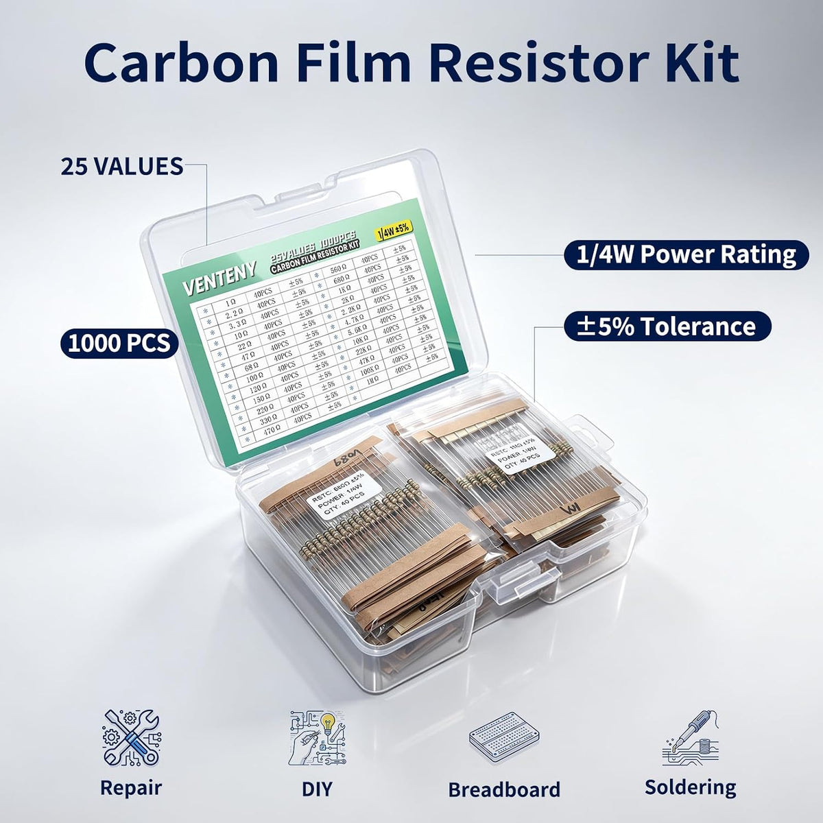 1000PCS Resistor Kit, 25 Values 1 Ohm-1M Ohm, 1/4W 5% Carbon Film