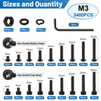 3400Pcs M3 Hex Socket Head Bolts and Button Head Screw Assortment Kit