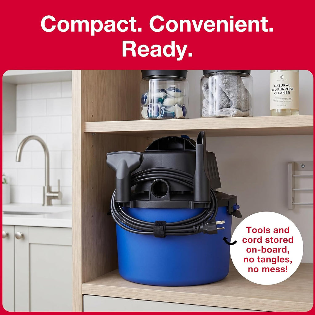 WD-2L Wet Dry Vacuum Cleaner, Home Car Garage Workshop, 2.0 PHP | 60 CFM, 10 Ft Reach, Twist-N-Lock Hose, Small Shop