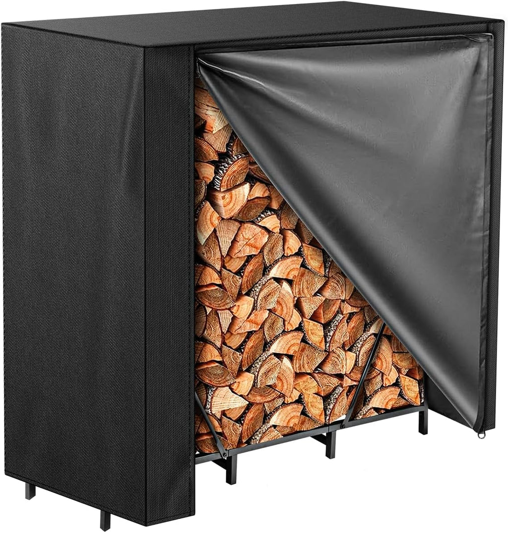 Firewood Rack Cover 4FT, Waterproof Firewood Rack Outdoor Cover with Full Front Zipper & Windproof Straps, Heavy Duty