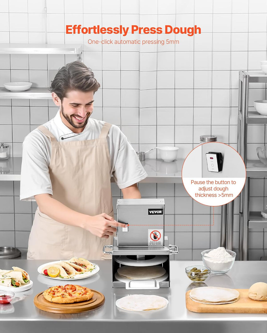 Electric Pizza Dough Press Machine, 6 Inch Pizza Pastry Press Plate, Stainless Steel Bread Presser, Commercial