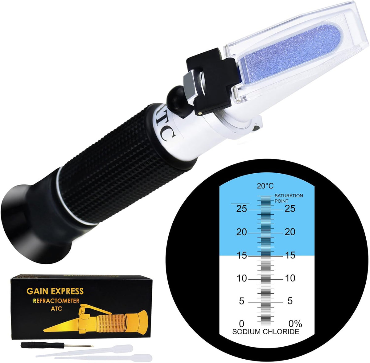 0-28% Salinity Refractometer ATC, Sodium Chloride (NaCl) Salt Level Meter Tester, Test Kit for Sea Water Brine