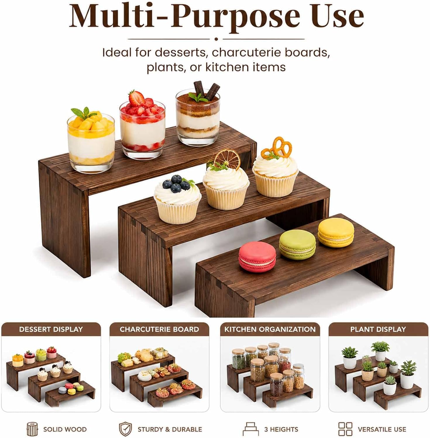 3-Tier Wooden Display Risers, Tiered Display Stand, Shelf Risers for Table Display, Small Wood Display Shelf (1