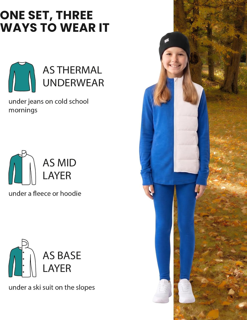 100% Merino Wool Base Layer Kids Set - Midweight Unisex Thermal Underwear | Soft, Non-Itchy Kids / Toddler Clothes