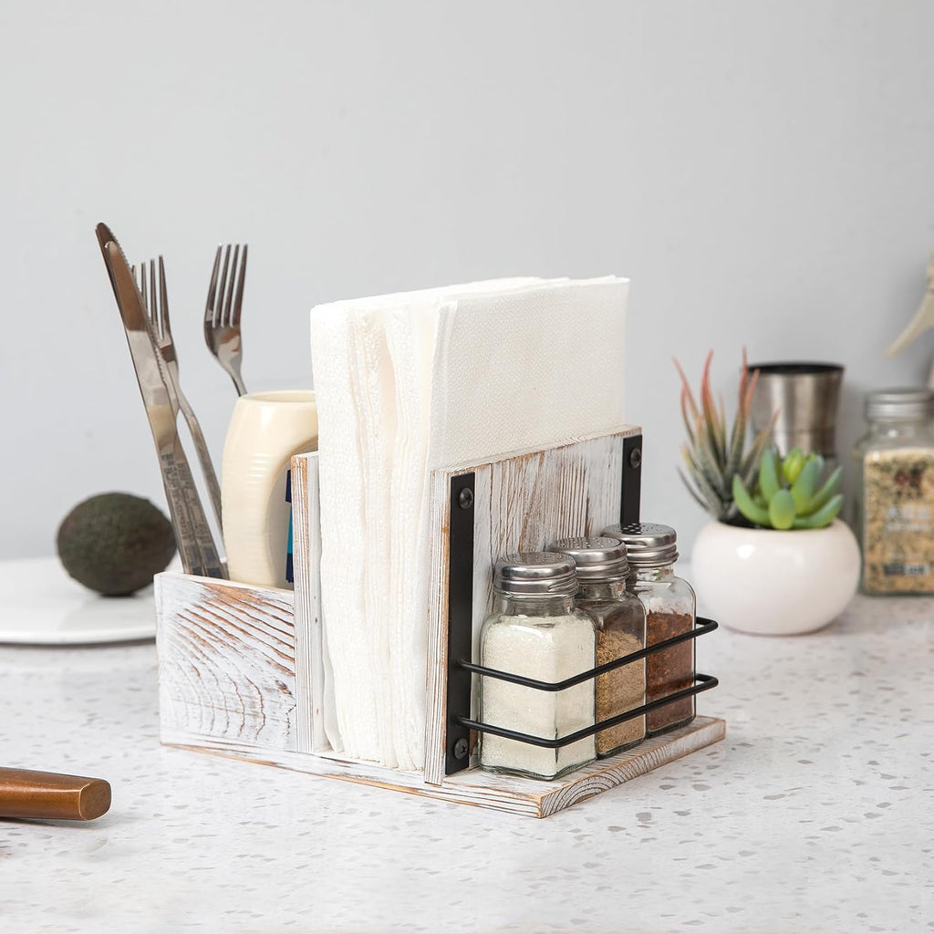 Rustic Whitewashed Wooden Kitchenware Organizer Napkin Utensil Spice Holders Table Seasoning Shakers Chalkboard Label