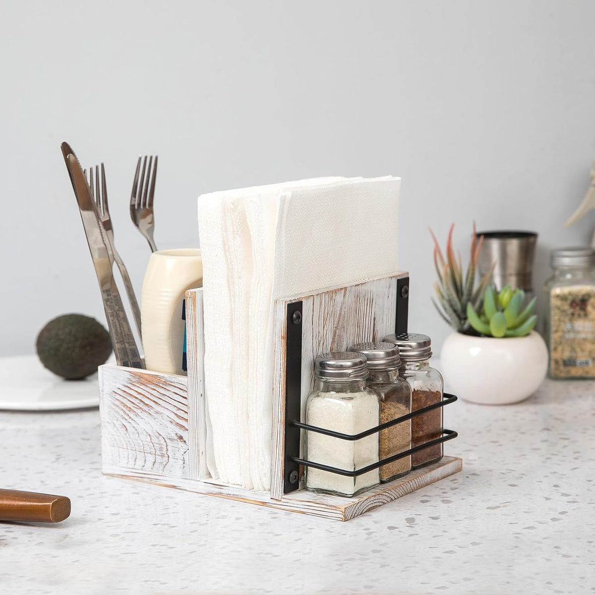 Rustic Whitewashed Wooden Kitchenware Organizer Napkin Utensil Spice Holders Table Seasoning Shakers Chalkboard Label