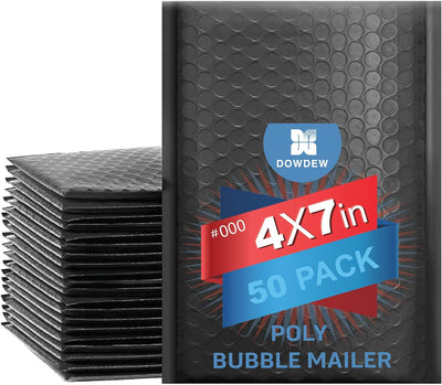 Water Resistant Bubble Envelope Mailers [50 Pack] 4 inch x 7 inch #000 Black Poly Padded Shipping Envelopes Self