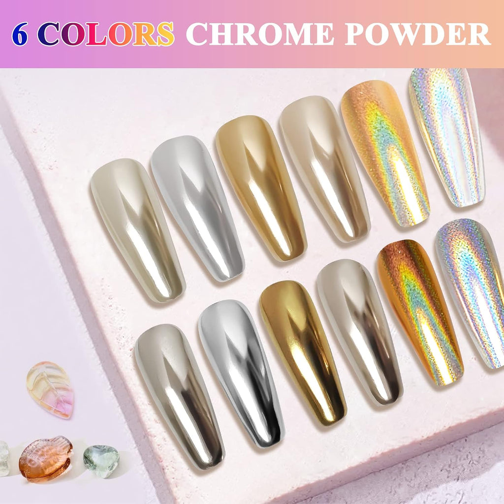 Gold Silver Chrome Nail Powder, 6 Colors Mirror Nail Chrome Palette
