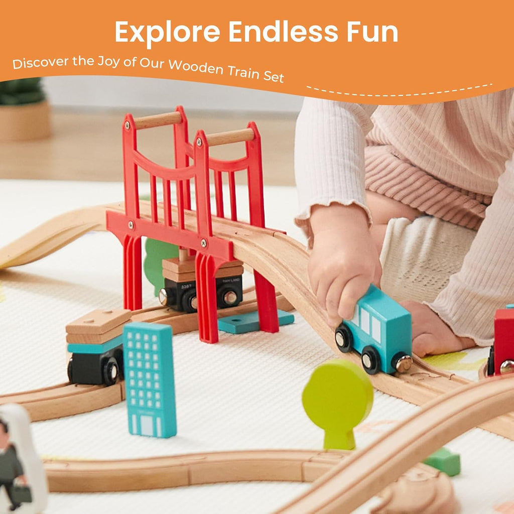 39 Pcs Wooden Train Set for Toddler with Wooden Tracks | Compatible with Major Brands, Expandable, Changeable Train