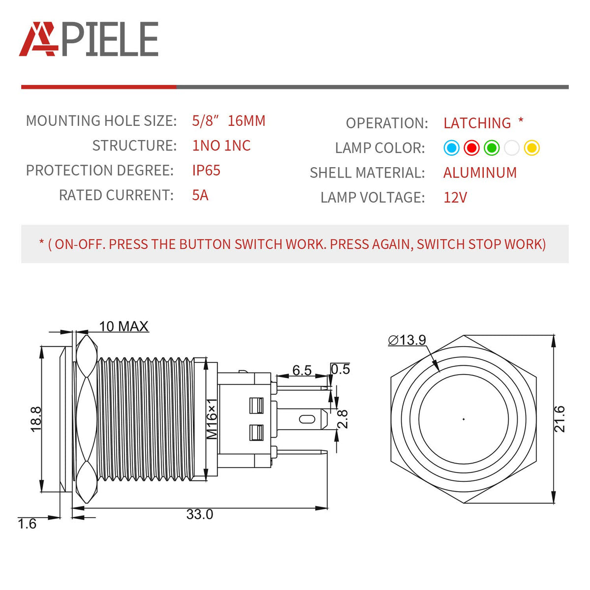APIELE 16mm Latching Push Button Switch 12V DC On Off Black Shell with LED Angel Eye Head for 0.63" Mounting Hole with Wire Socket Plug Self-Locking (White/Black Shell)