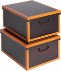 : Storage Box 2 Pack: Large - Leather Brown - Lid-Handles, Decorative Cardboard Organizer, Stack-Fold