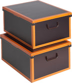 : Storage Box 2 Pack: Large - Leather Brown - Lid-Handles, Decorative Cardboard Organizer, Stack-Fold