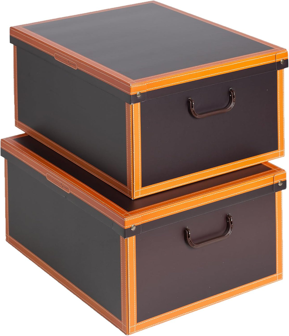 : Storage Box 2 Pack: Large - Leather Brown - Lid-Handles, Decorative Cardboard Organizer, Stack-Fold
