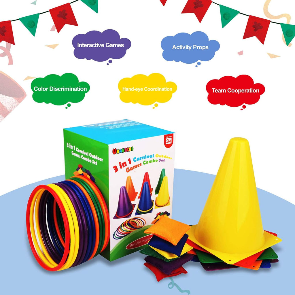 31PCS 3 in 1 Carnival Outdoor Games Combo Set for Kids, Soft Plastic Cones Bean Bags Ring Toss Game, Gift for