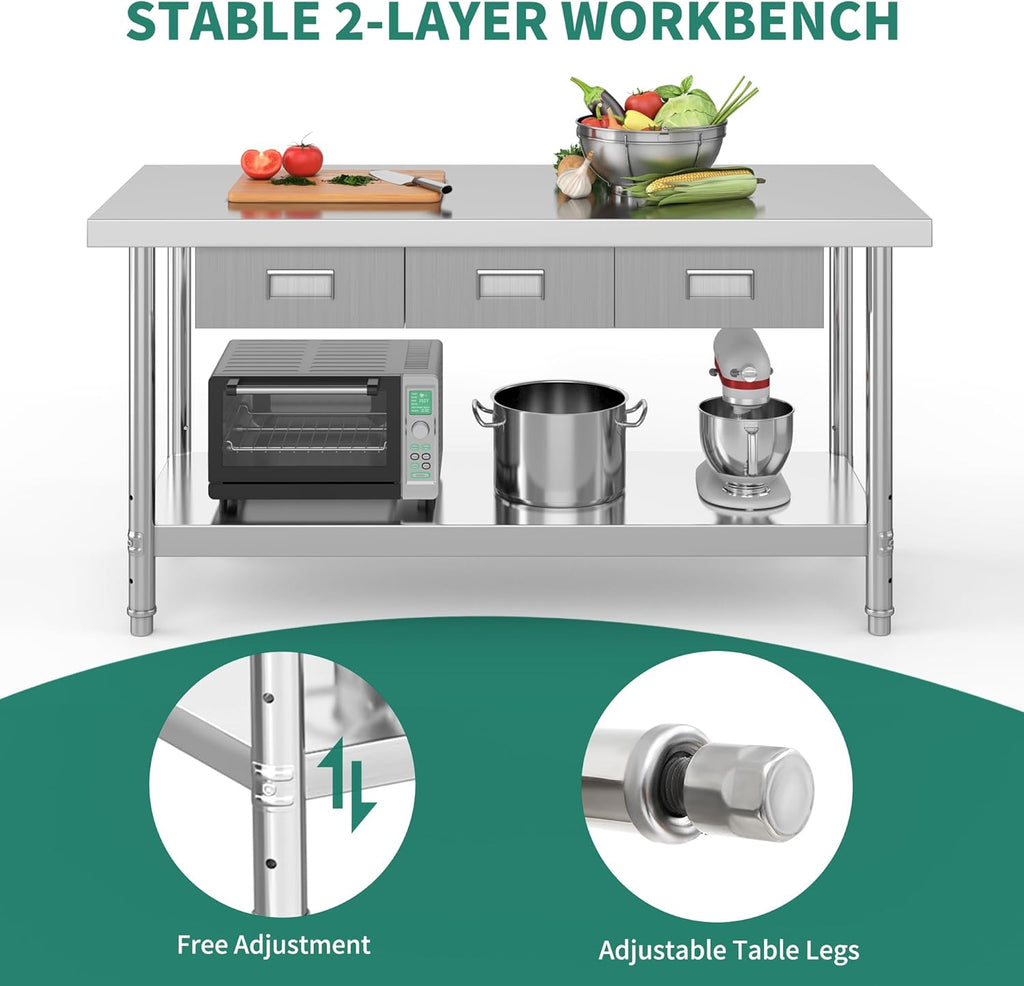 60" X 24" Stainless Steel Table with 3 Drawers