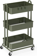 3-Tier Heavy Duty Metal Utility Rolling Cart, Army Green