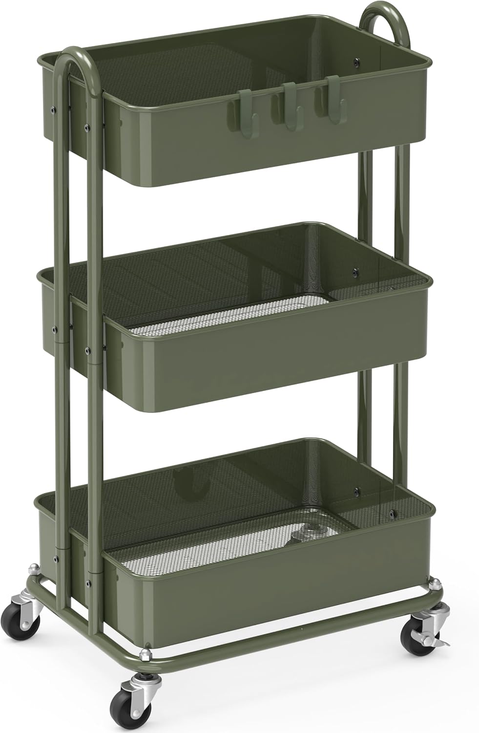3-Tier Heavy Duty Metal Utility Rolling Cart, Army Green