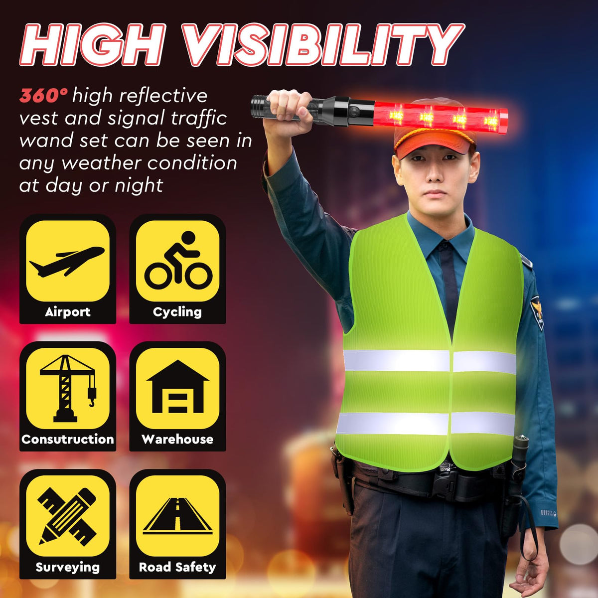 8 Pcs 16 Inch Traffic Wand Reflective Safety Vest Set, Neon Green