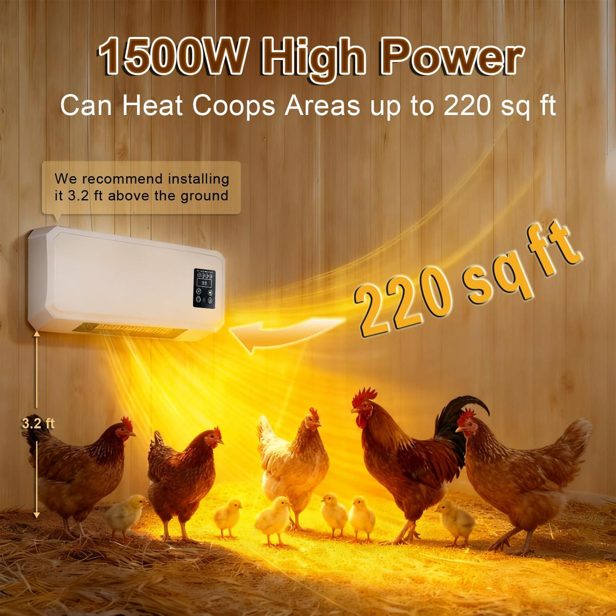 1500W Chicken Coop Heater for Winter，Wall-mounted 2-Mode Heater for Chicken Cages,5S Fast Heating & Adjustable