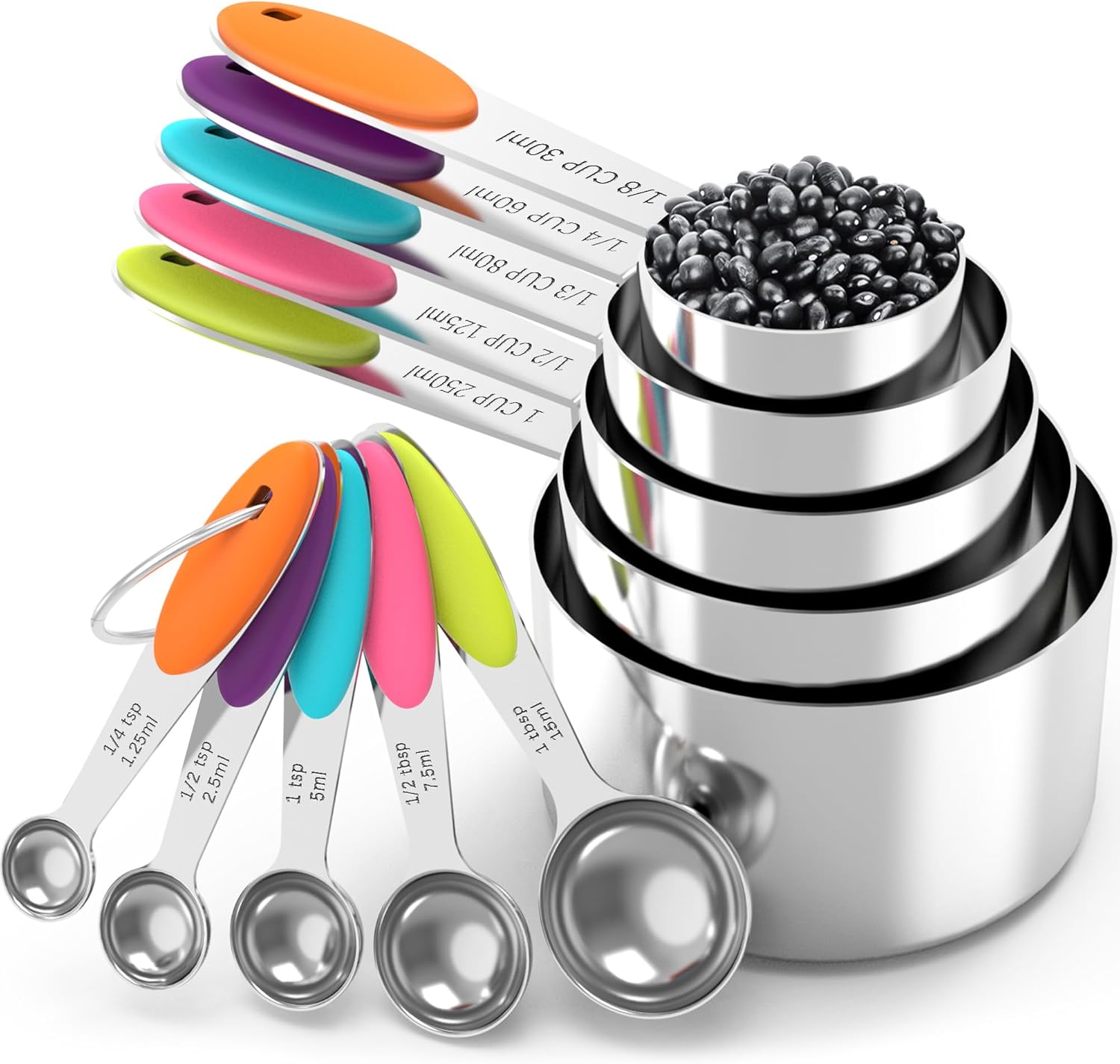 Nesting Measuring Cups and Spoons Set, Stainless Steel with Soft Silicone Handle – Heavy Duty & Dishwasher Safe for