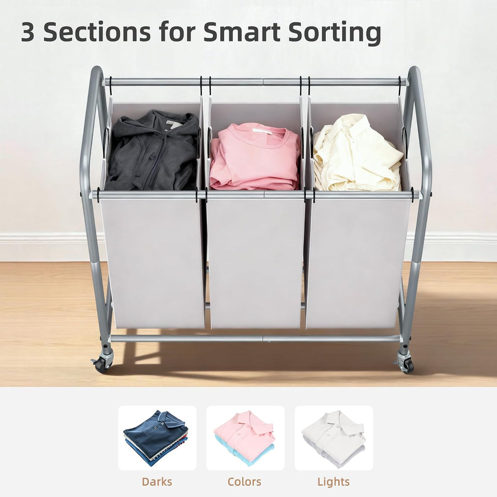 3 Section Laundry Sorter, 35.6 Gal (135 L) Laundry Hamper Cart with Heavy Duty Rolling Lockable Wheels and Removable